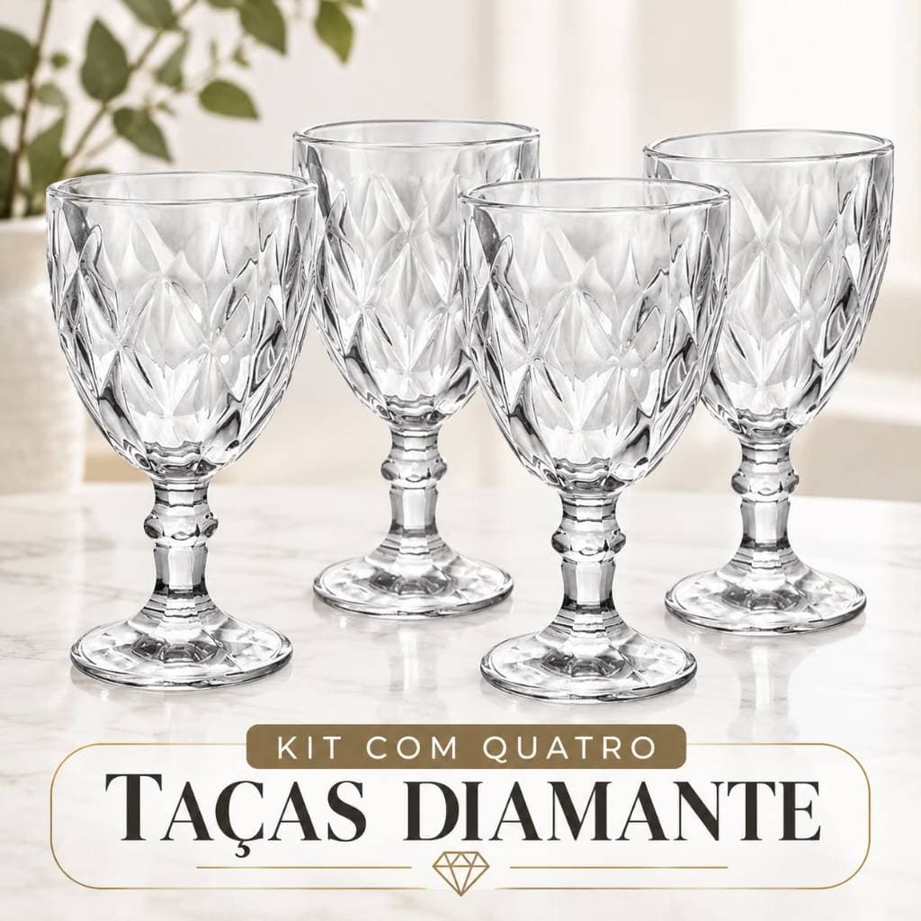 Kit 4 Taças de Vidro Diamond 320ml Taça para Vinho Água Suco Cristal Luxo Mesa Posta
