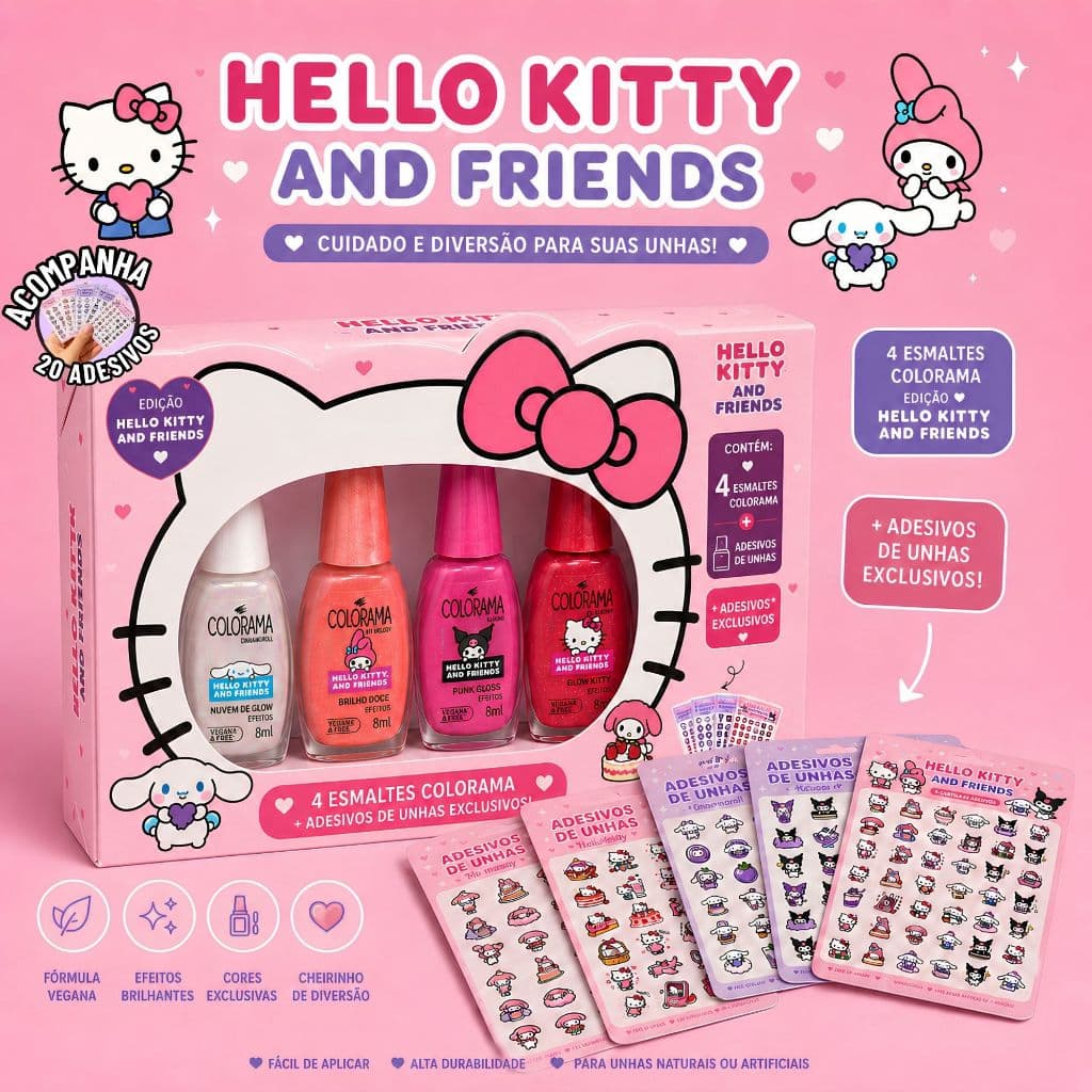 Box Kit Esmaltes Colorama Hello Kitty And Friends Novas Coleção Pó Cromado + Adesivos Esmalte