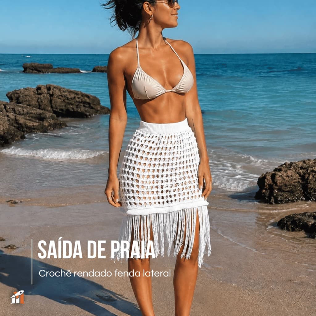 Saída de Praia Saia Feminina em Tricô Crochê Vazado com Franjas Moda Verão 2026