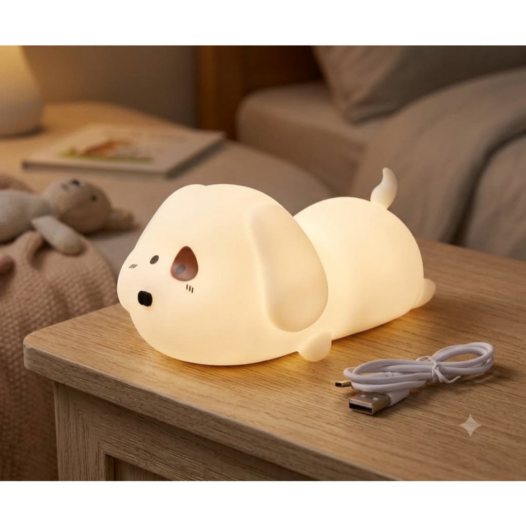 Luminária Infantil de Silicone LED Panda e Cachorrinho – Luz Noturna Touch Recarregável USB e Troca de Cores