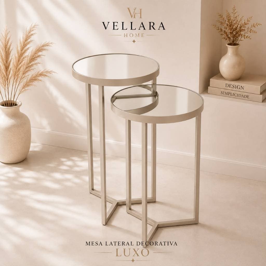 Mesa Lateral Espelhada Kit 2 Luxo Decorativa Sala Quarto Ferro Marrom Moderno