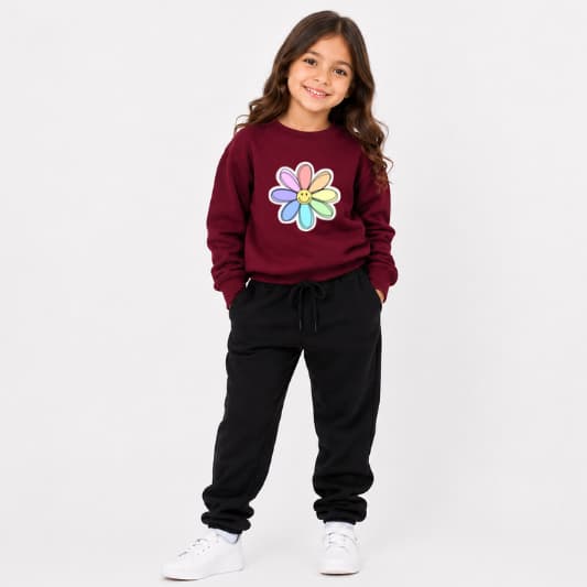 Conjunto Moletom Agasalho Duas Peças Calça e Capuz Infantil Estampa Florzinha Colorida Rosto Fofo