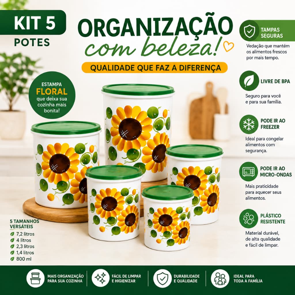 Conjunto 5 Potes Herméticos para Mantimentos Floral Decorativo Organizador de Cozinha