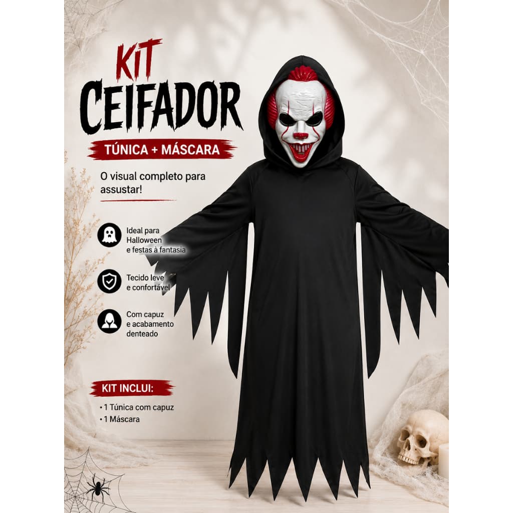 Fantasia Halloween Túnica com Capuz + Máscara Palhaço IT Assustador