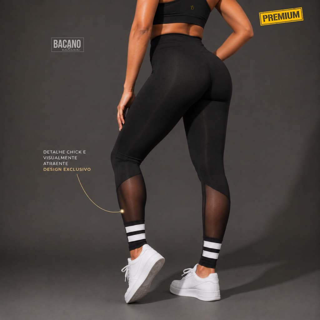 Legging Fitness Feminina Premium Cintura Super Alta com Tule e Listras Brancas