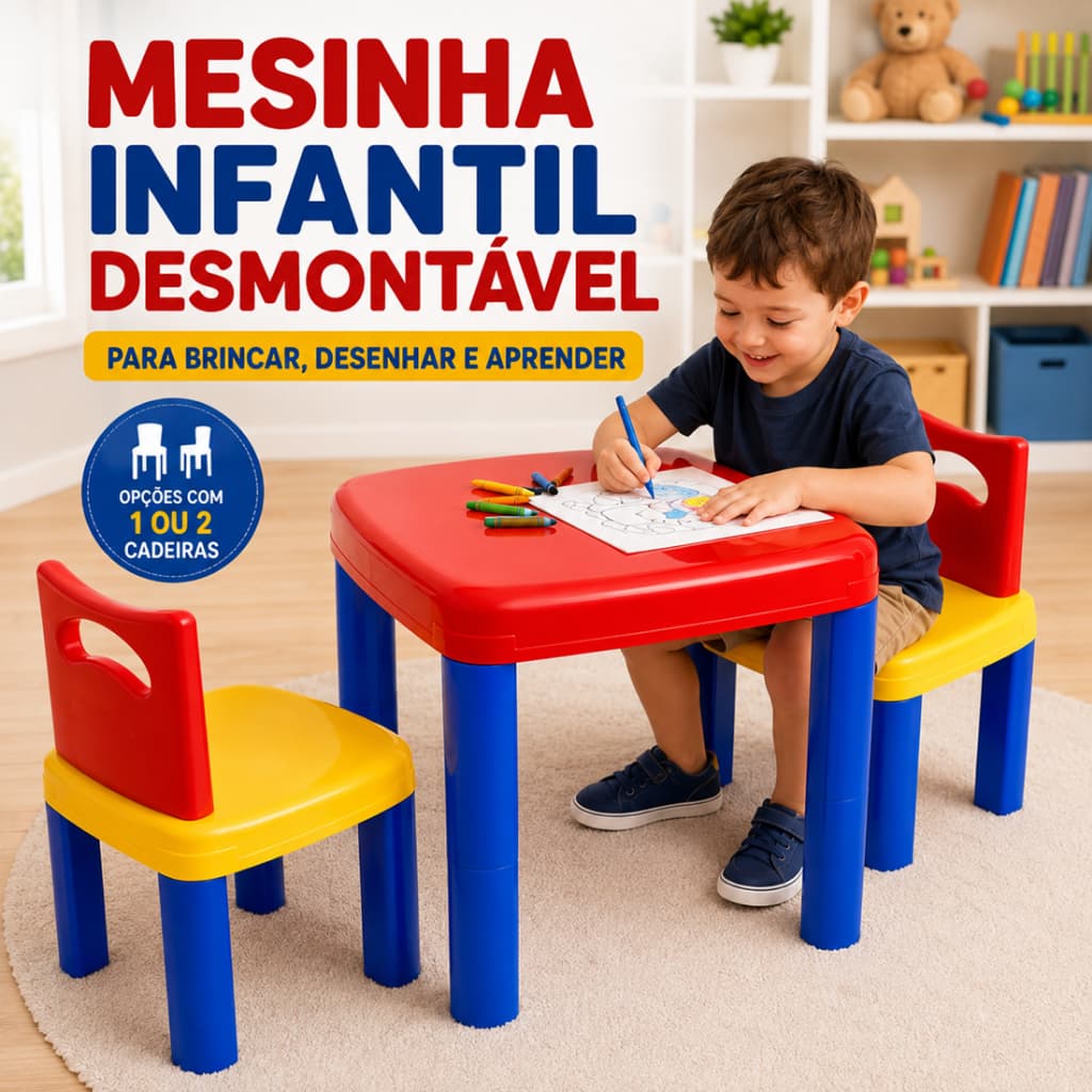 Mesa Infantil Plástica com 1 ou 2 Cadeiras Desmontável para Atividades 1 a 4 Anos