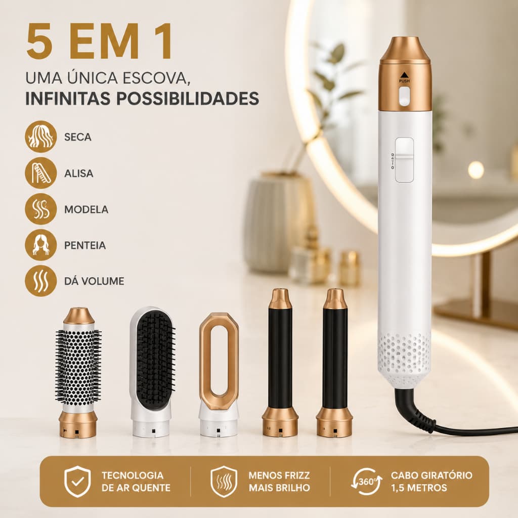 Escova Secadora Profissional 5 em 1 Alisadora Modeladora Ar Quente 110V Premium