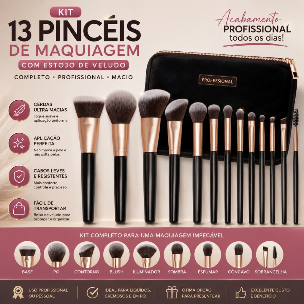 Kit Pincéis de Maquiagem 13 Peças com Estojo de Veludo Profissional Cerdas Macias Completo para Base Pó Blush Sombra