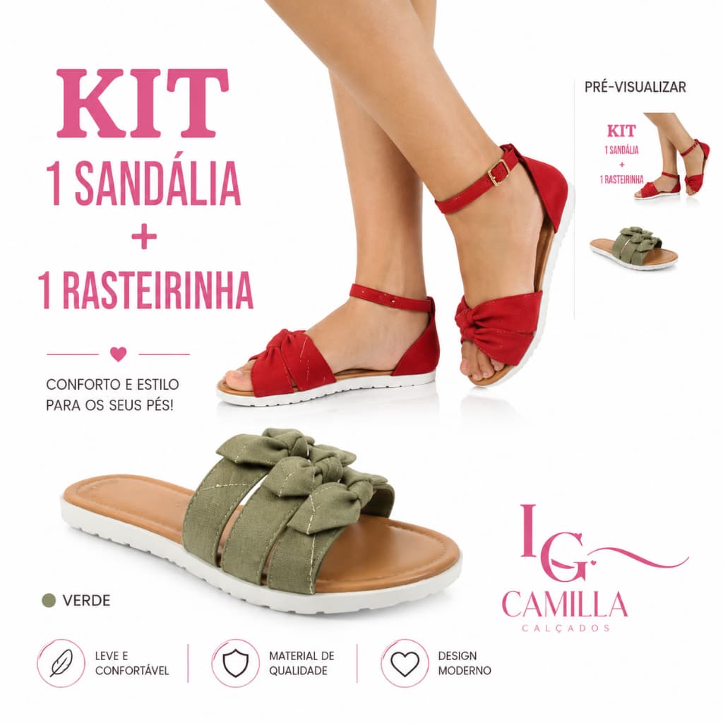 Sandália Rasteirinha feminina kit com 2 pares