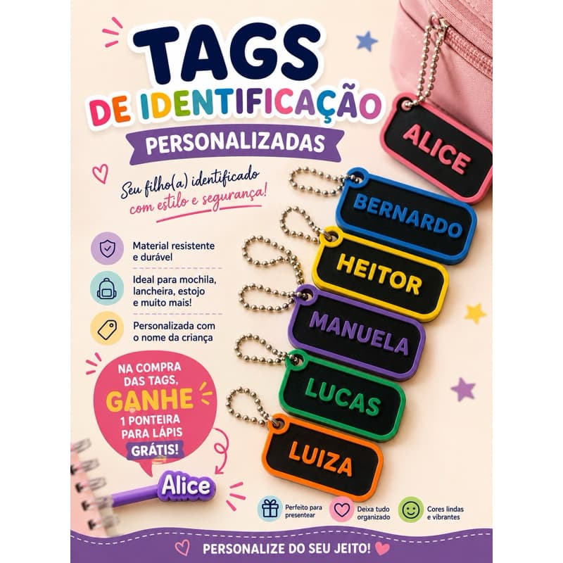 Tag Mochila Mala Personalizada Nome Escolar | Identificação Infantil | Estojo Chaveiro Mala PLA 3D