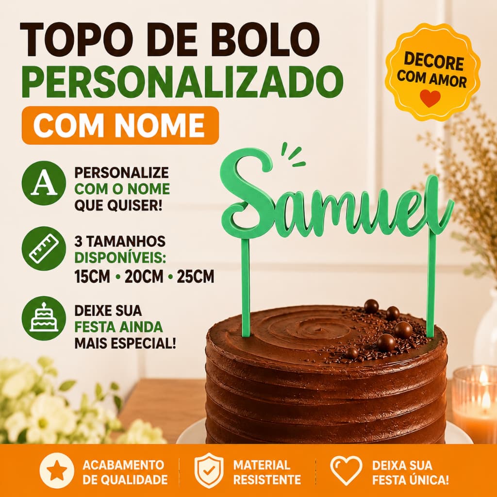 Topo de Bolo Personalizado com Nome | Cake Topper | Decoração para Aniversário | 15cm 20cm 25cm