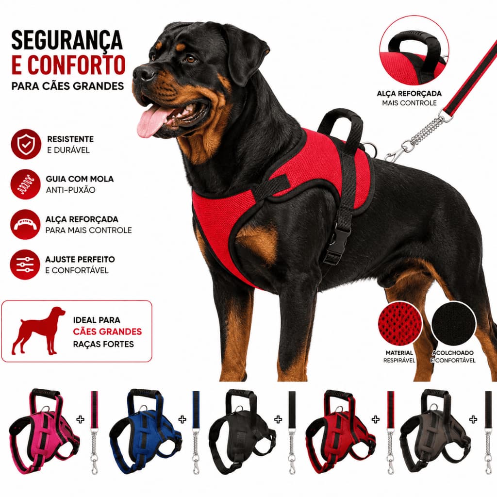Peitoral para Cachorro Médio e Grande Porte com Guia Antipuxão | Pitbull, Doberman, Pastor e Rottweiler