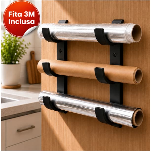 Suporte Organizador porta rolos 3 nível ajustável Universal com fita dupla face fácil instalação Cozinha, Dispensa