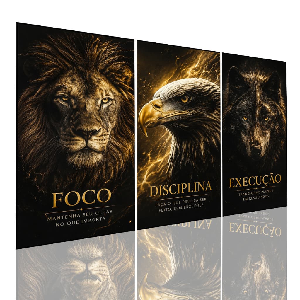 Quadros Decoração Parede Motivacional Foco Disciplina Execução Leão Águia Lobo 3 Peças