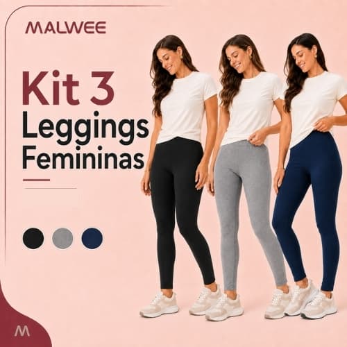 Kit 3 Calça Legging Feminina Malwee Adulto Básica Academia Cotton Algodão Treino