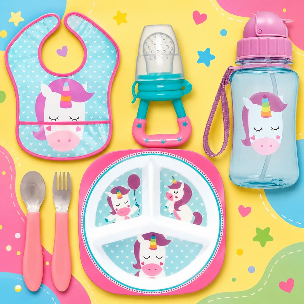 Kit Refeição Infantil Buba Prato Garrafa Babador Talher Chupeta Sugadora Unicórnio