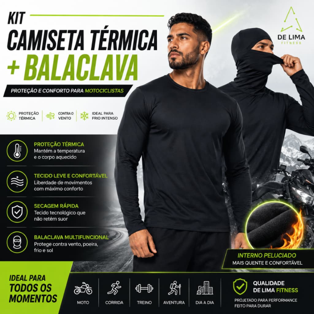 Kit Camiseta Peluciada Manga Longa  + Touca Balaclava Articulada Motoqueiro Frio Inverno Térmica