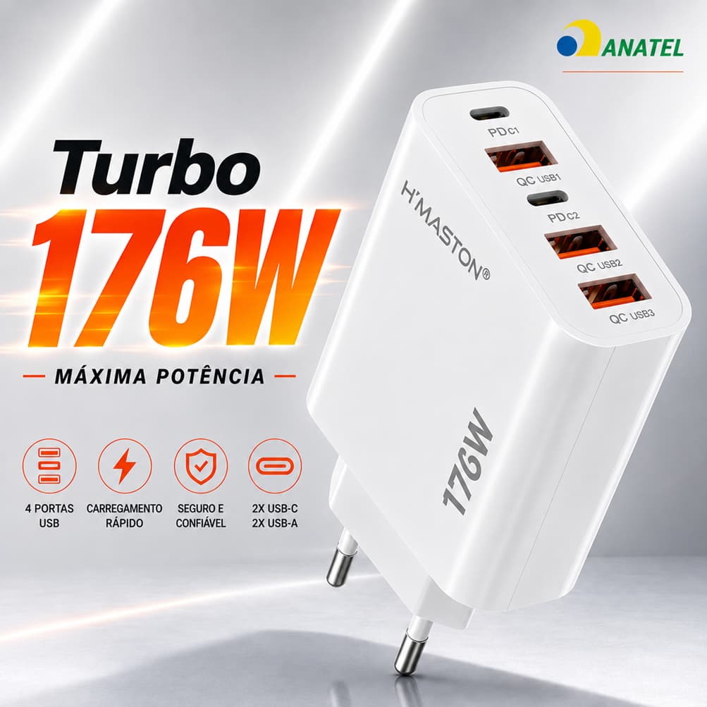 Fonte Carregador Turbo 176W 5 Portas USB USB-C PD Carga Rápida Fast Charge Bivolt H'Maston Y72-4 Iphone e Android