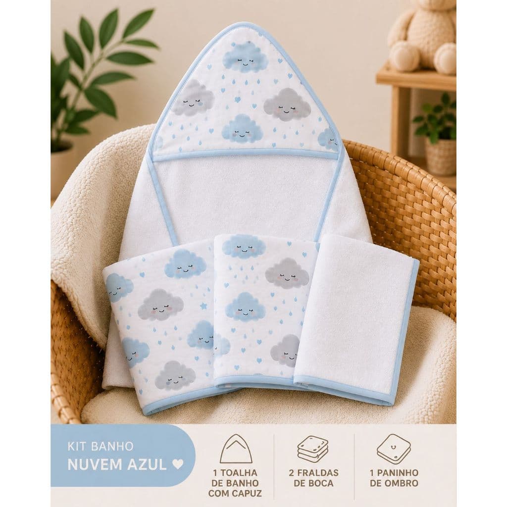 Kit Essencial 4 peças 1 Toalha de Banho com Capuz + 2 Fraldas de Boca + 1 Paninho de Ombro | Para Recém-Nascido