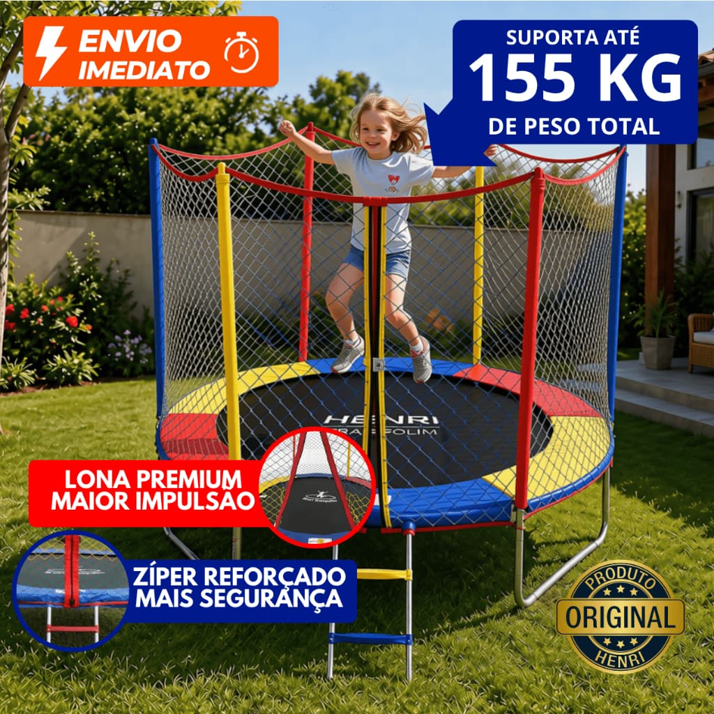 Cama Elástica 2,44m Trampolim Pula Pula Infantil com Escada Rede de proteção Resistente Profissional Colorido