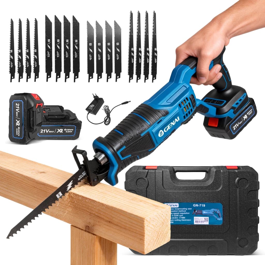 21V Cordless Reciprocating Saw - Brushless Motor, 2 Batteries, Wood/Metal/PVC Cutting, Complete Kit with Blades