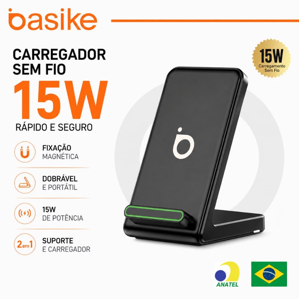 Basike Carregador Sem Fio 15W Suporte Dobrável Carregamento Rápido Compatível iPhone Samsung Xiaomi USB-C