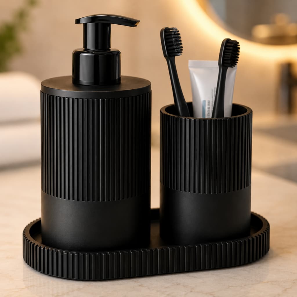 Kit Banheiro Lavabo Porta Escovas Dispenser Sabonete Líquido Bandeja Canelado Premium