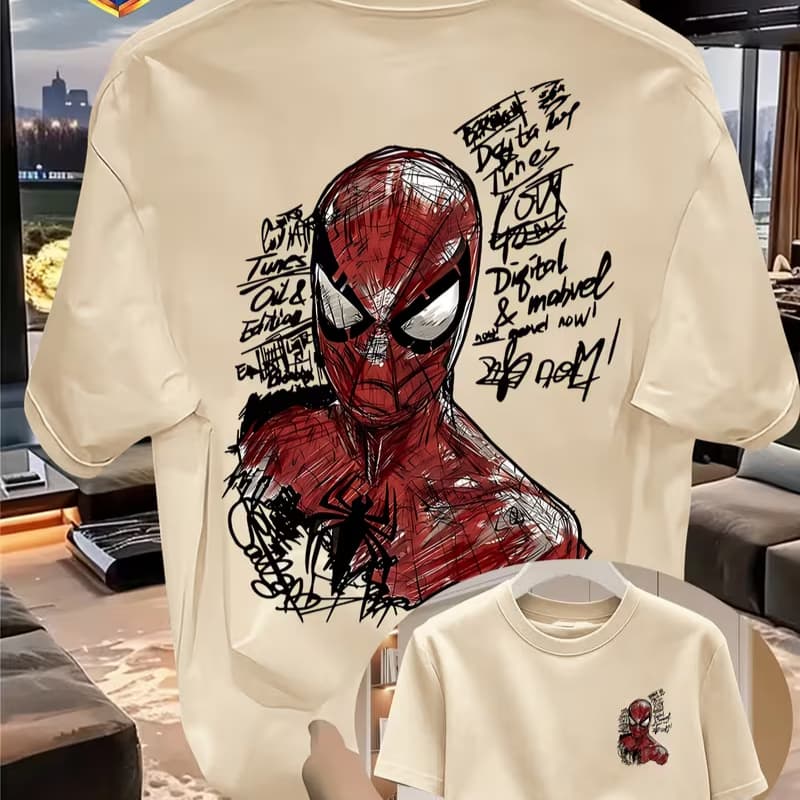 CAMISETA ESTAMPADA ADULTA E INFANTIL HOMEM ARANHA GRAFITE MODERNO TENDENCIA BLUSA DESCOLADA UNISEX SPIDER MAN PAI FILHO