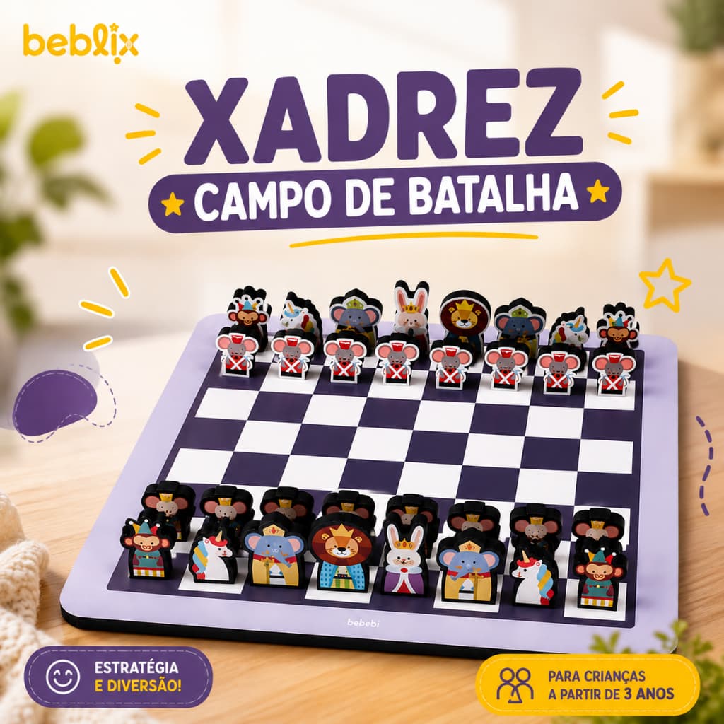 Xadrez Infantil Animais Jogo Estratégia Madeira Raciocínio Educativo Pedagógico Montessori +4 Anos