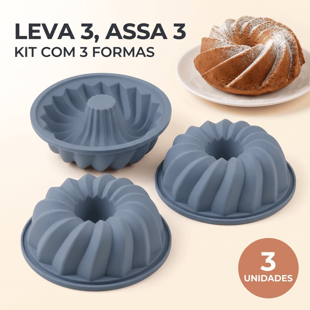Kit 03 Formas de Silicone para Bolo Pudim Gelatina Antiaderente Redonda Flexível Assadeira Forma de Bolo Cor Sortida