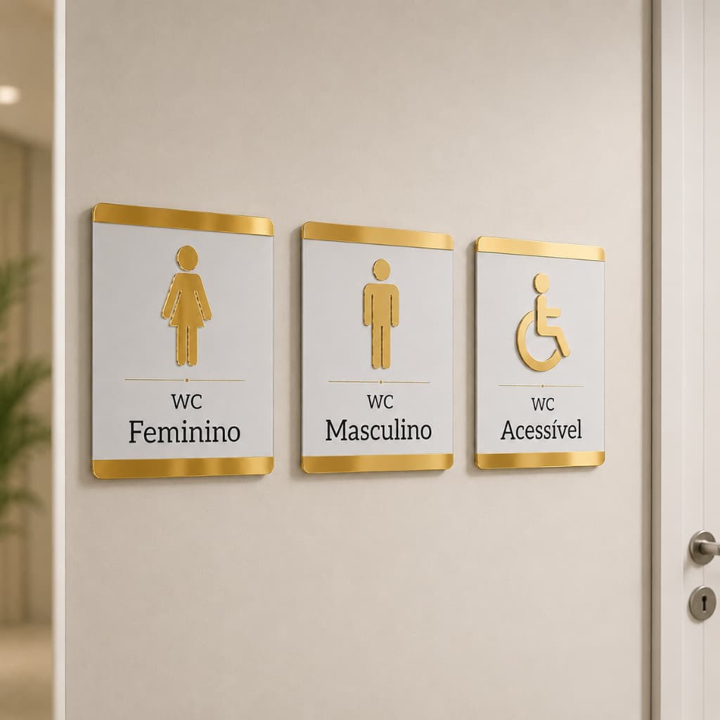 Placa WC Banheiro Unissex Feminino Masculino Acessível MDF Acrílico 14x17 cm