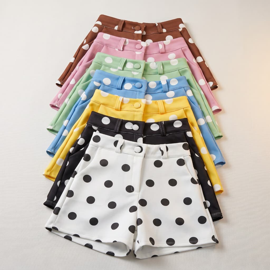 Short Bolinha Feminino Cintura Alta Neoprene Botão Encapado Bolso Funcional Lançamento Verão 2026 Poá