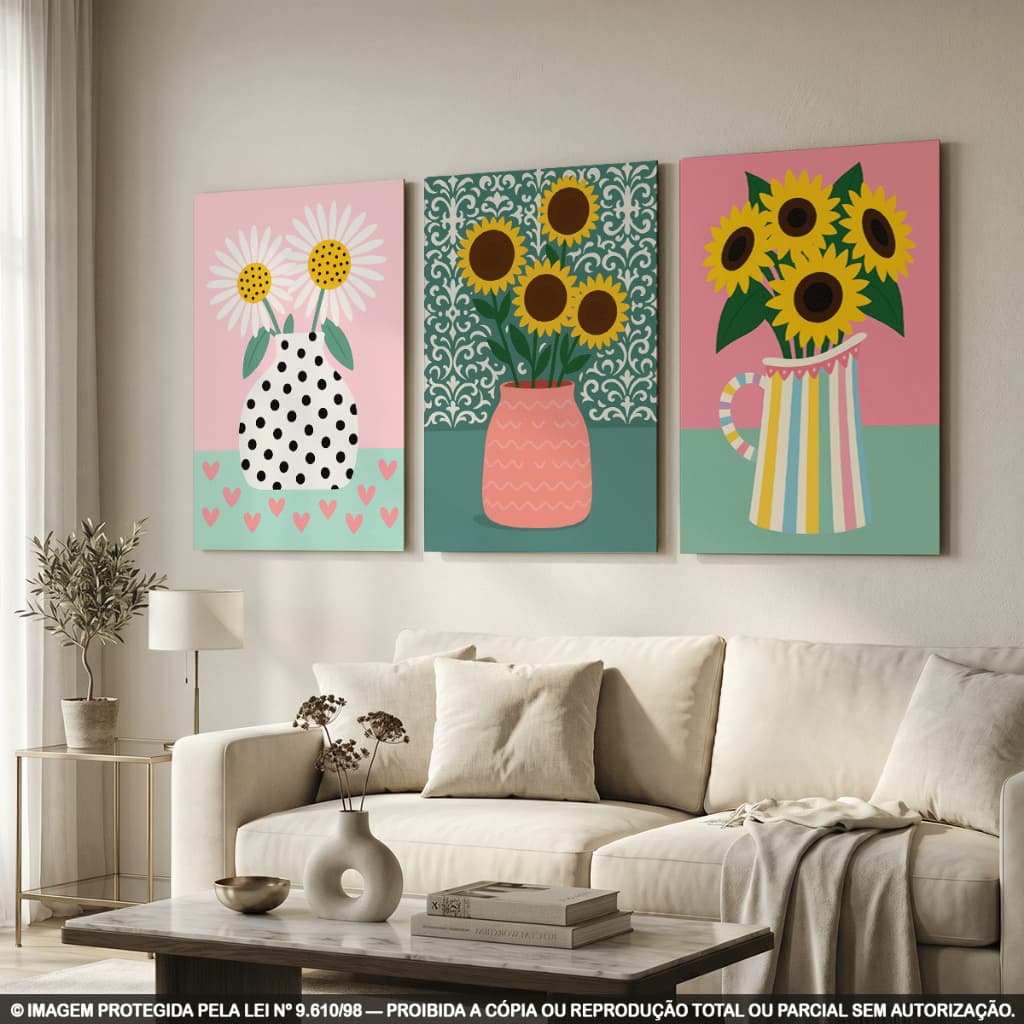 Kit 3 Quadros Decorativos Girassóis e Margaridas em Vasos – Arte Floral Retrô Colorida em Rosa, Verde e Amarelo para Sal