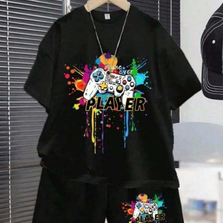 Conjunto Infantil Menino Camiseta Short Gamer Criança Player Bermuda Algodão Estampado Conforto