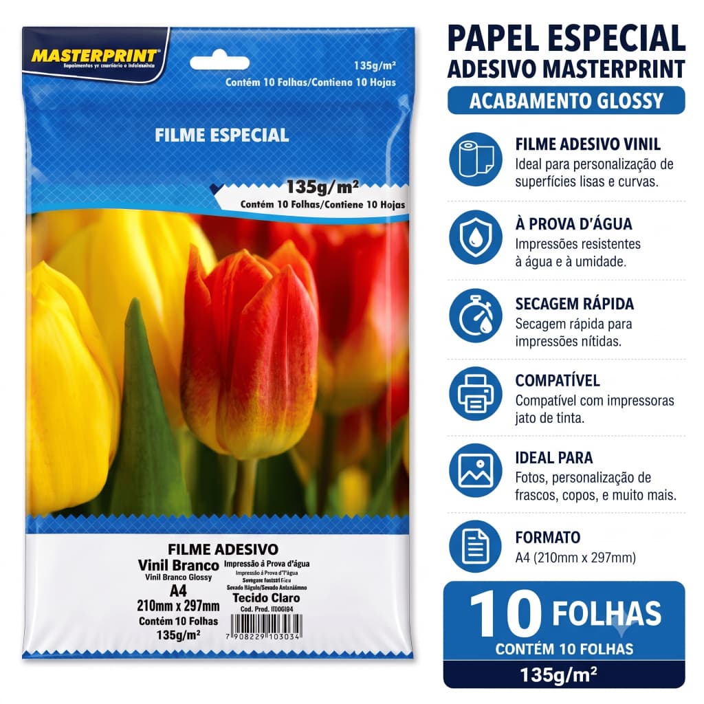 Papel Filme Adesivo Vinil A4 Branco Brilhante 135g 10 Folhas | À Prova d’Água | Alta Resolução p/ Impressora Inkjet