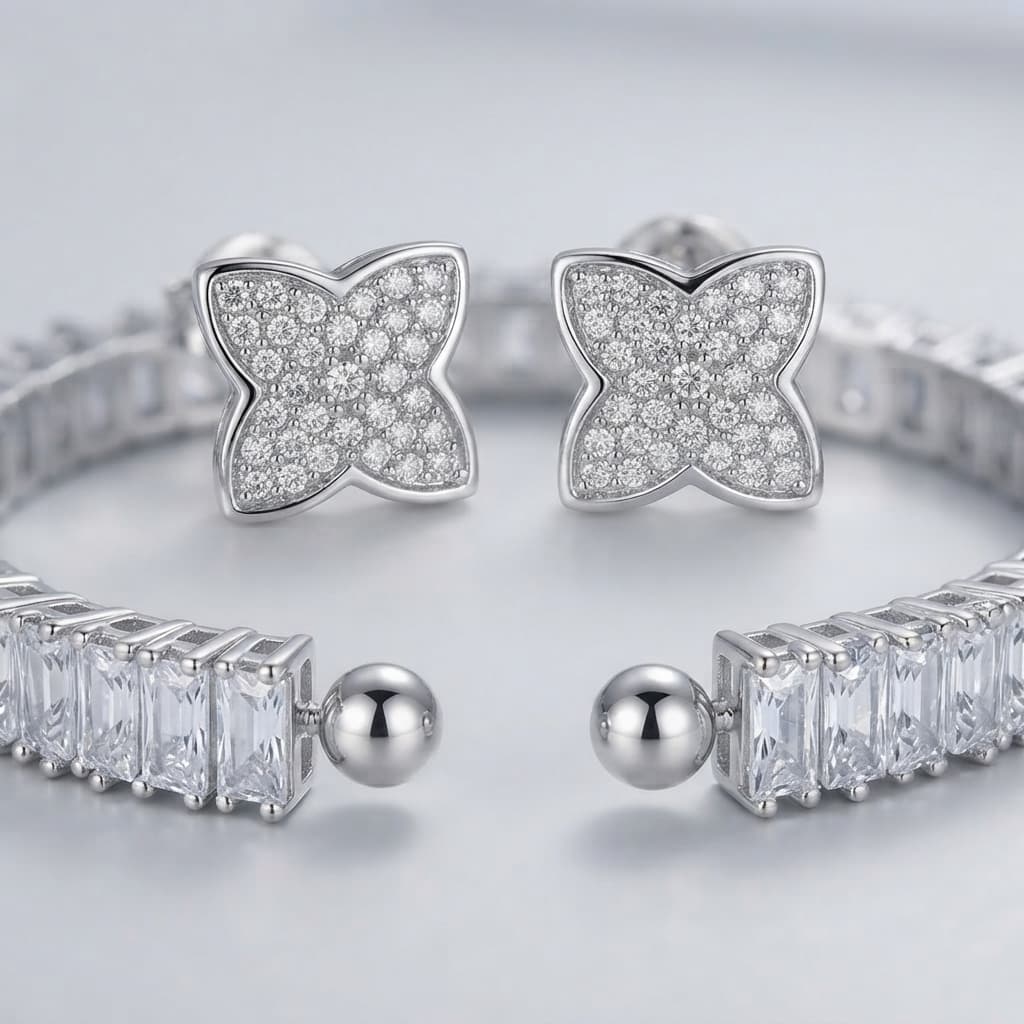Conjunto Riviera Baguetes: Brincos Delicados e Pulseira Brilhante em Kit, Acessório Feminino Clássico para Noiva, Madrin
