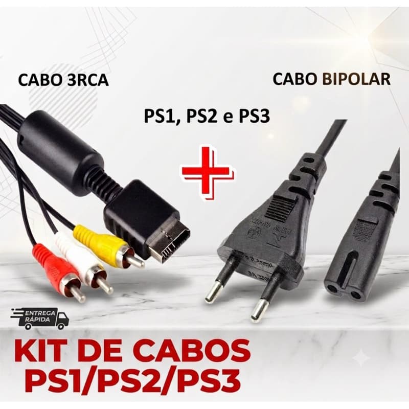 Cabo Força Ps2 Bipolar + Cabo 3RCA 1.5m PS1 Ps2 Ps3