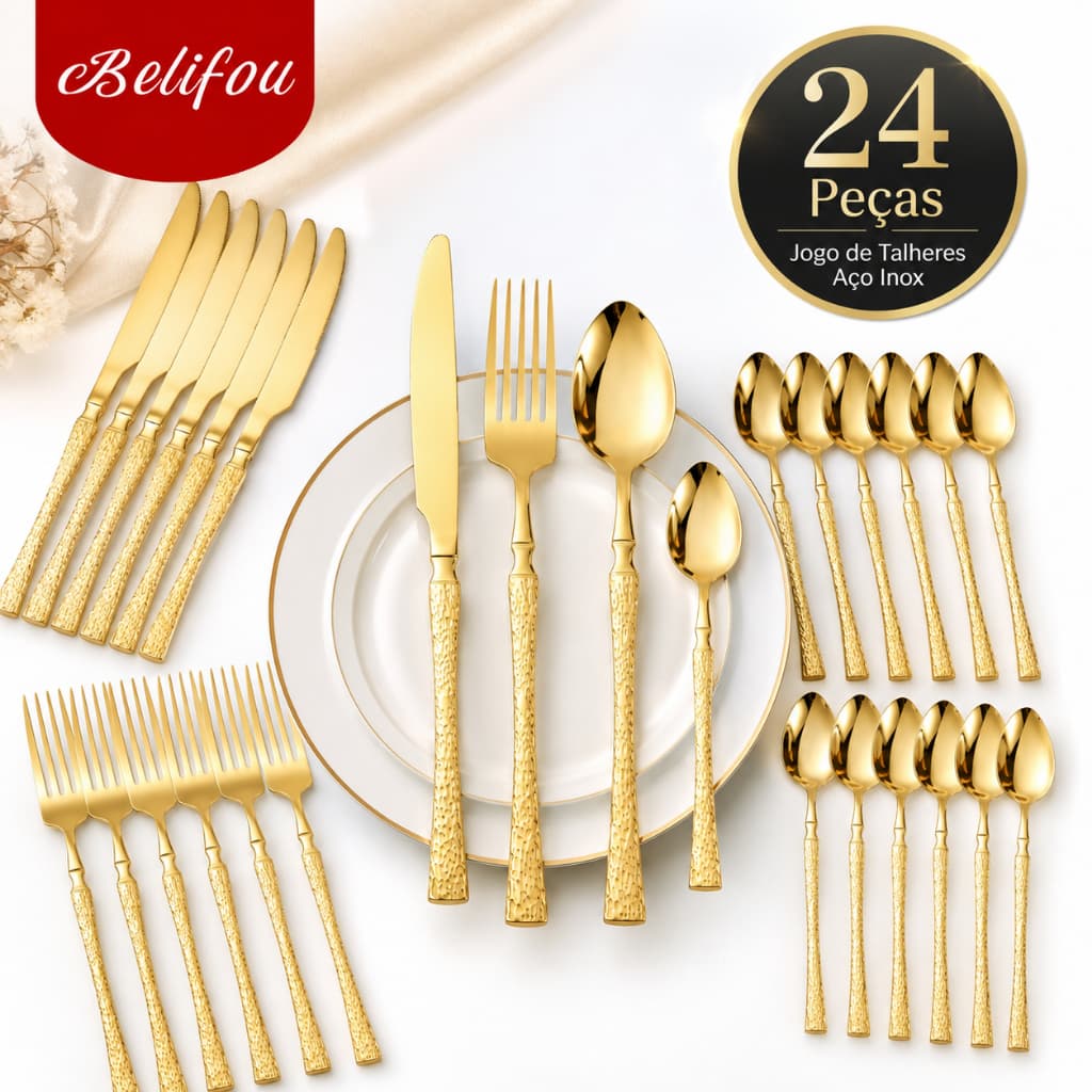 Belifou Faqueiro 24 Peças Dourado Aço Inoxidável Talheres Premium Com Faca Para Bife Jogo Para 6 Pessoas