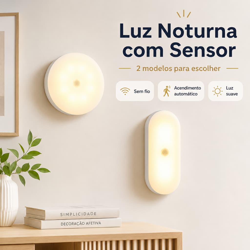Luminária com Sensor de Presença LED Recarregável Sem Fio 2 Cores de Luz