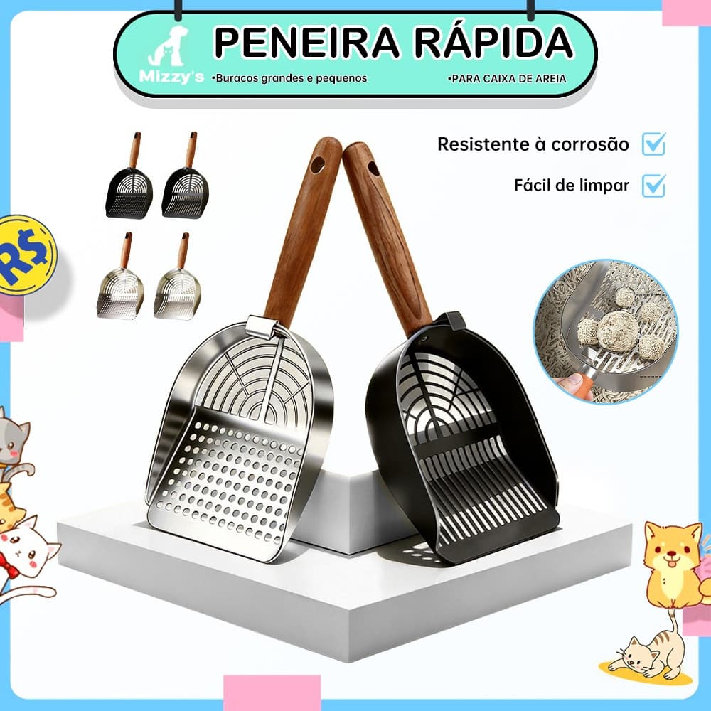 Pá Higiênica de Areia para Gatos Peneira Coletora Aço Inox 304 ou Aço Carbono Cabo de Madeira