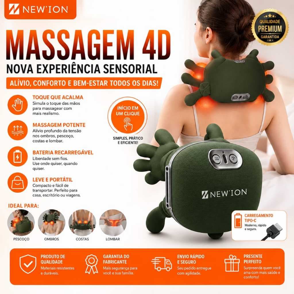 Massageador de Pescoço e Ombros 4D New'ion ION-0670 Recarregável USB Tipo-C Portátil