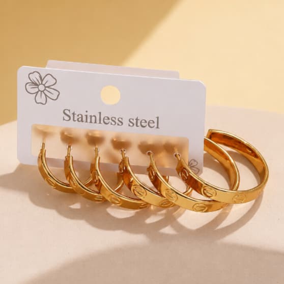 Kit Brincos Argola Aço Inoxidável Dourado 2cm 3cm 4cm Texturizado Feminino