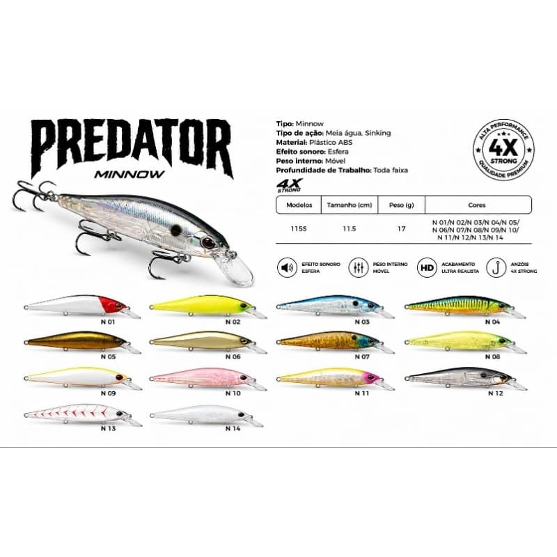 Isca Artificial Marine Sports Predator Minnow 115S 11,5cm 17g Sinking Meia Água 4X Strong