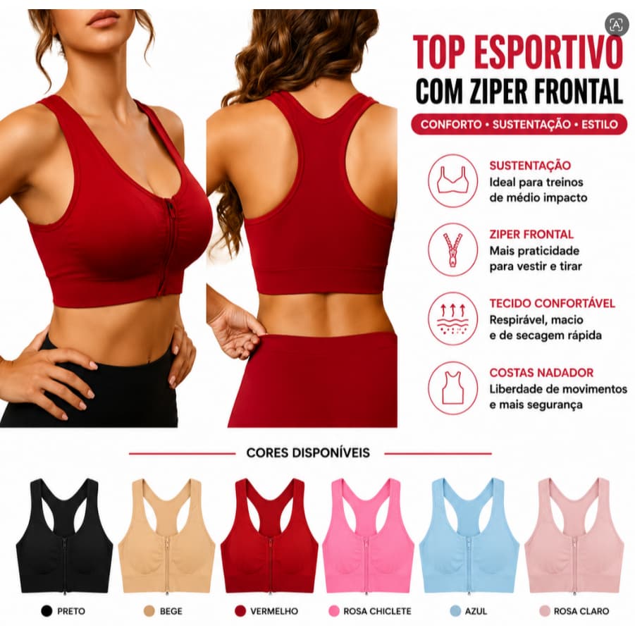 Top Fitness Feminino com Zíper Frontal Top de Academia com Costas Nadador Elástico e Confortável