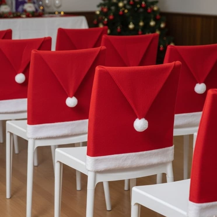 Kit Capa de Cadeira Natalina Decorativa – Enfeite de Natal para restaurante | Modelo Papai Noel | Lavável e Reutilizável