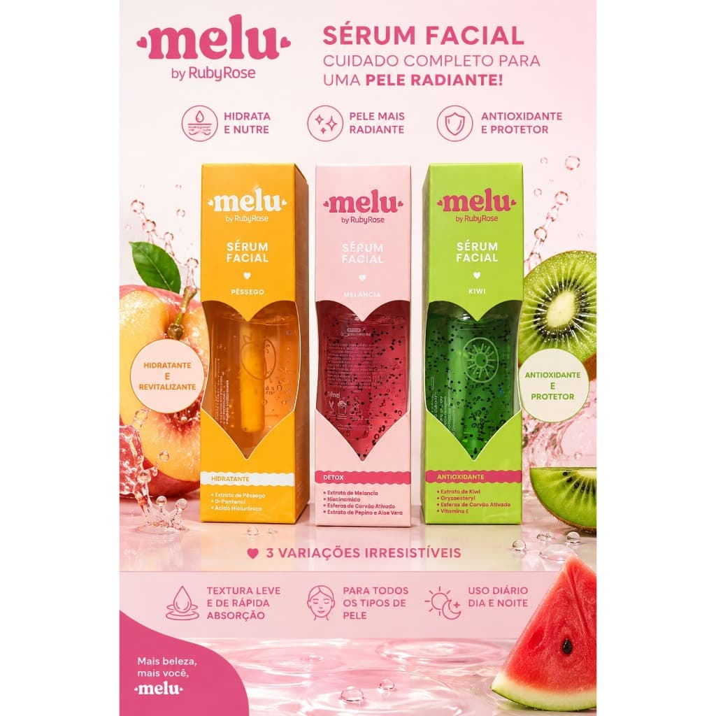 Sérum Facial Melu Ruby Rose 30ml Hidratante Detox Antioxidante Pêssego Melancia Kiwi