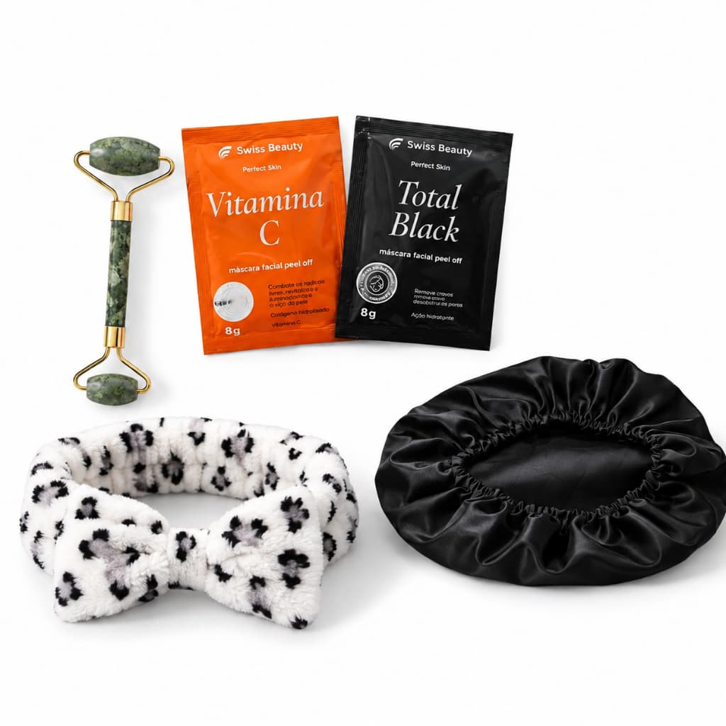 Kit Autocuidado Feminino Spa Touca Cetim  Massageador Facial Faixa de Cabelo SKINCARE Máscara Facial