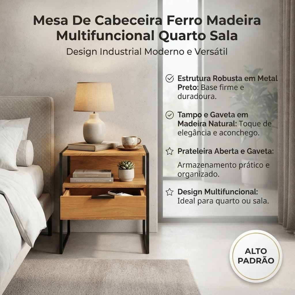Mesa De Cabeceira Design Industrial Madeira Castanho