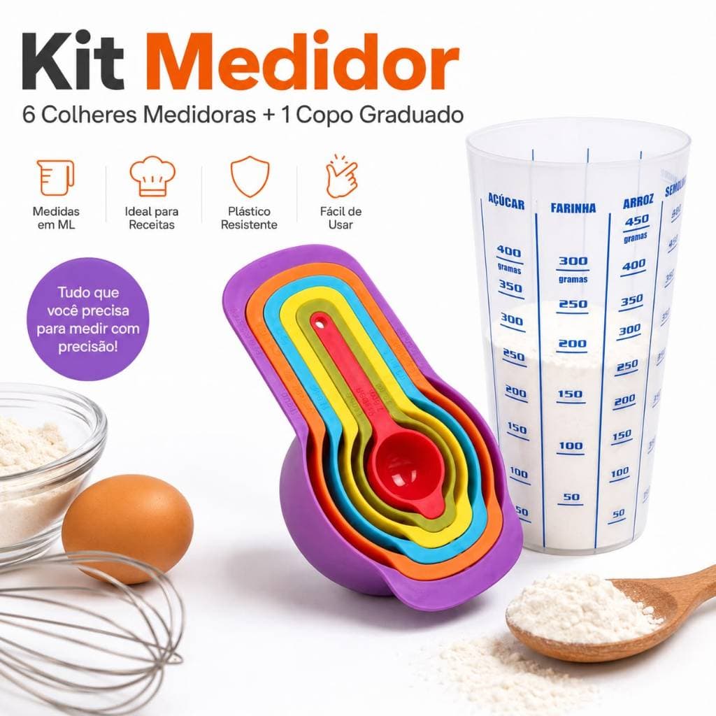 Kit Medidor com 6 Colheres Medidora Em Xicara ML + 1 Copo Medidor Graduado De Medidas 500ml De Plástico
