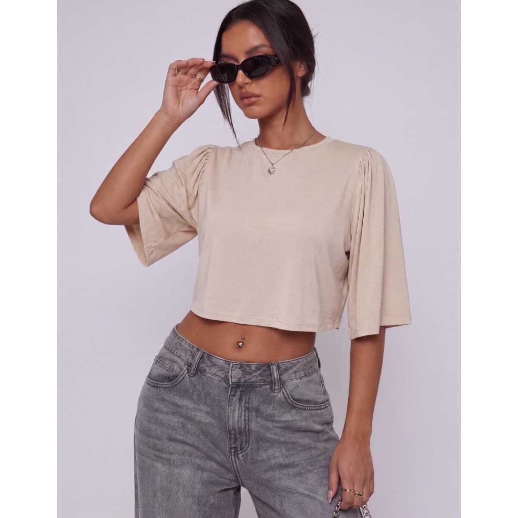 Blusa Feminina Cropped Oversized Manga Flare Soltinha Viscolycra Confortável